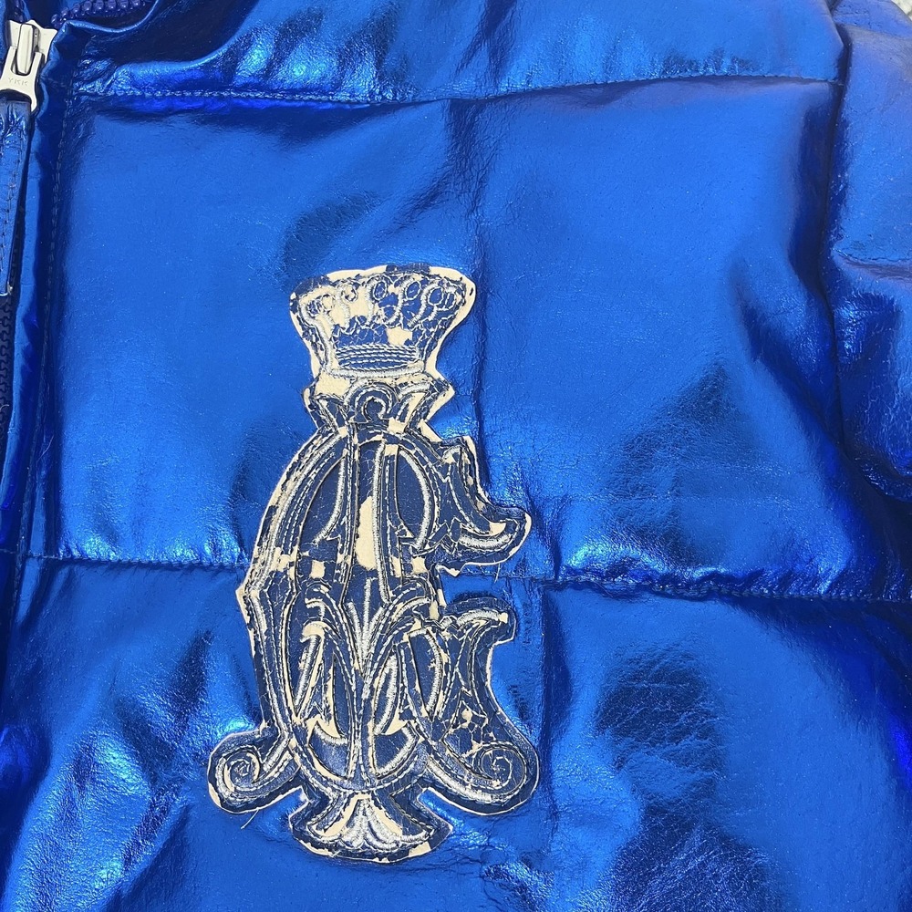 Christian Audigier Jacket Mens Medium Blue Leather Puffer Metallic Y2k - Picture 2 of 12